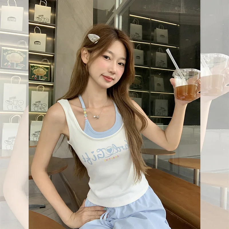 

Sexy Hot Girl Fake Two-Piece Letter Print Tank Top for Women 2025 Summer New Unique Beautiful Distinctive Top
