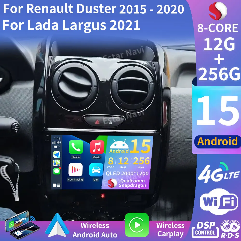 For Renault Duster D 2015 2016 2017 2018 2019 2020 Lada Largus 2021 Android 15 Car Radio Multimedia Player Stereo Navigation DVD