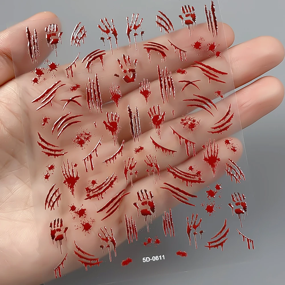 1/2pcs 5D Halloween Scary Horror Nail Stickers Bloody Handprint Skull Eyeballs Self‑Adhesive Nail Decals Cosplay Party Nail Deco
