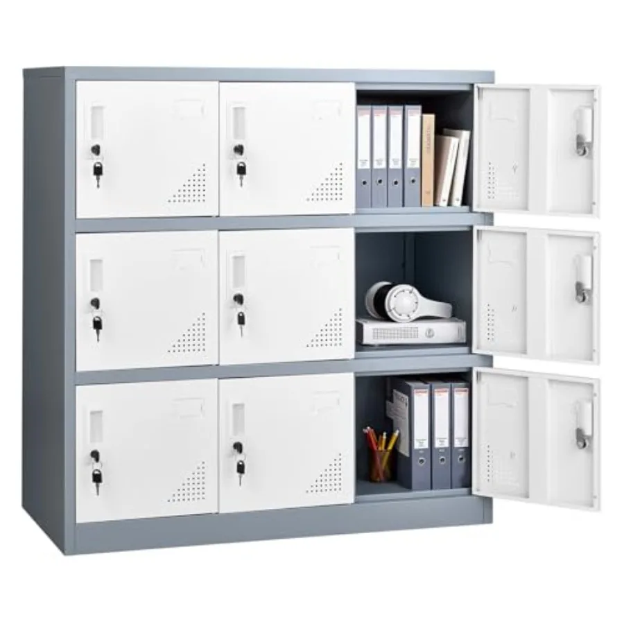 9 Doors Metal Locker for Employees, Steel Locking Storage Cabinet with Card Slot and Ventilation, 2 Keys for Each Door, Employe