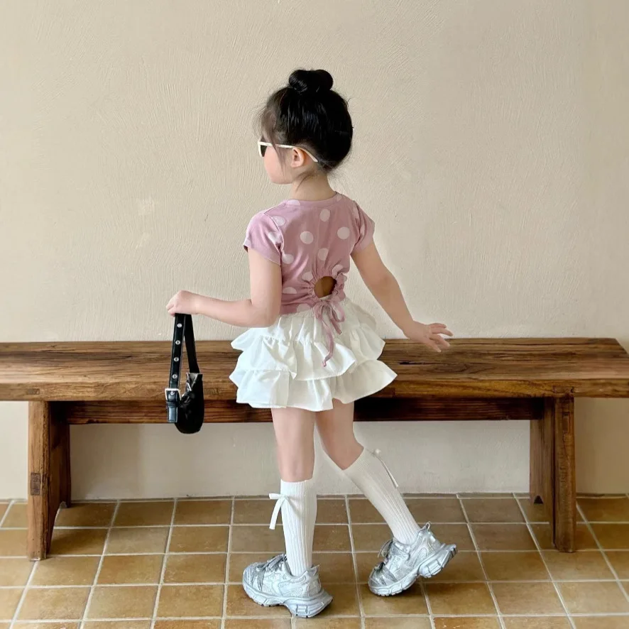 

Girls T Shirt 2025 Summer New Childrens Wear Korean Style Girls Baby Back Hollow Short Sleeve T Shirt Casual Simple Daily