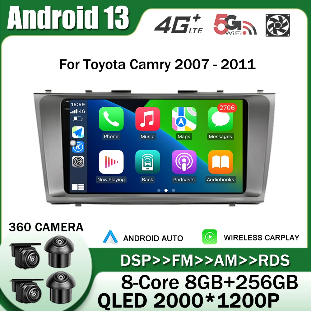 9 дюймов для Toyota Camry 2007 - 2011 Android 13 автомобильный радиоприемник, мультимедийный плеер, навигация GPS, стерео головное устройство