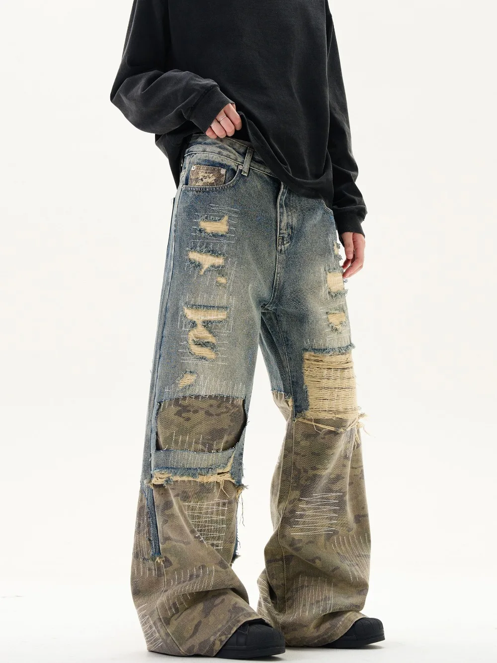 Camouflage splicing ripped jeans embroidery washed pants men