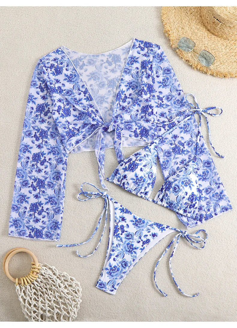 Sexy Dreieck Push Up Bikini 3-teiliger Badeanzug mit kurzen Ärmeln Mesh Cover Up Sommer Side String Badeanzüge Mesh Beach Wear