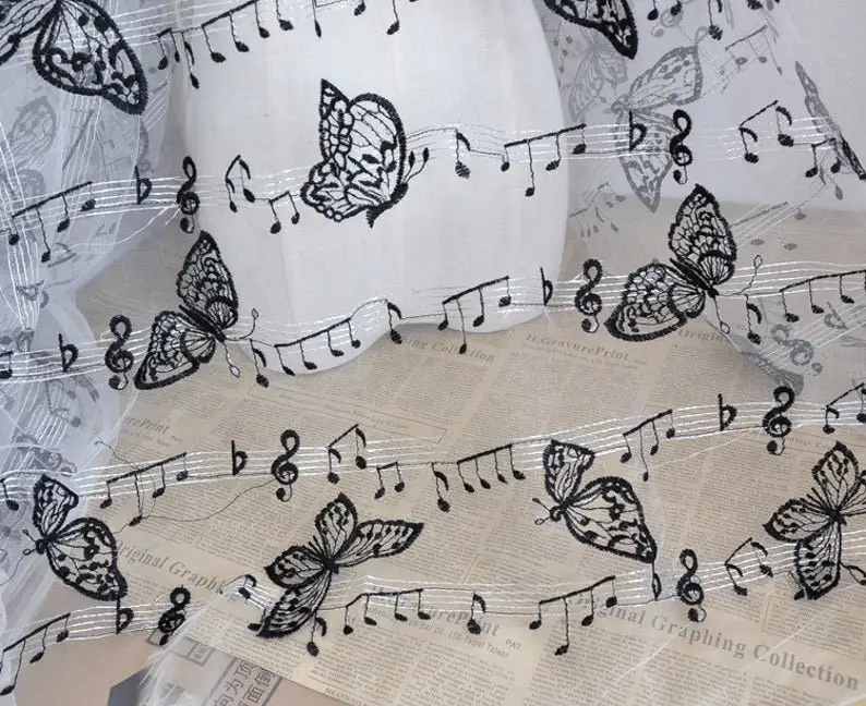 1 metro Nota musicale Farfalla Tessuto di pizzo musicale Tulle floreale per abito da ragazza Abito tutu Abito da sposa Velo da sposa