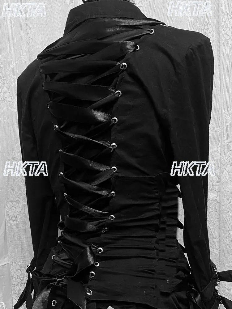 الظلام Y2K ثقافة فرعية قميص أسود بلايز المرأة الخريف جديد القوطي شارع العليا هالوين سليم التلبيب طويلة الأكمام حزام الساخن فتاة Blusas