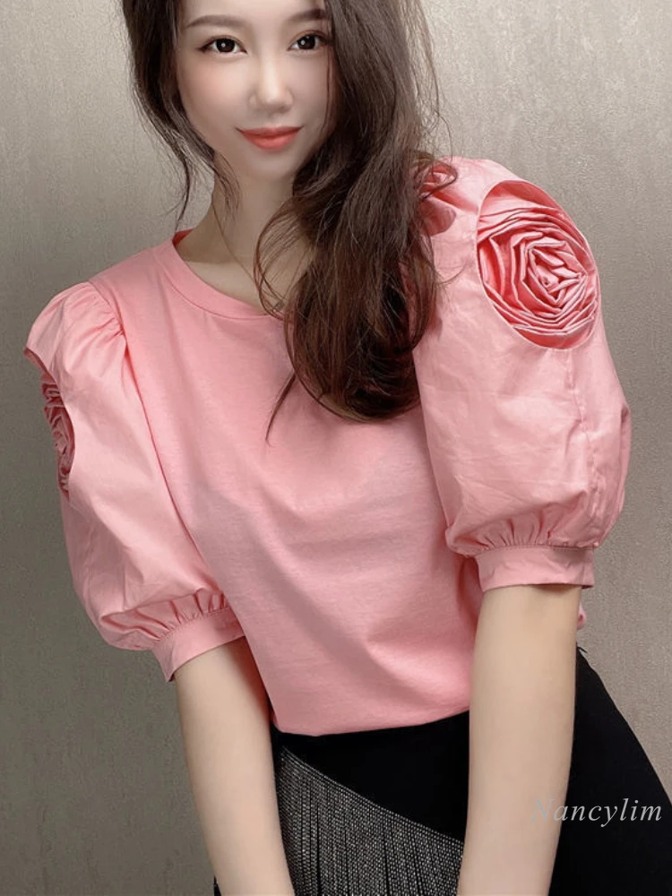 

2024 New Korean Style Three-Dimensional Flower Sleeve Cotton T-Shirt Lady Puff Sleeves Round Neck Top Solid Color Blusas Women