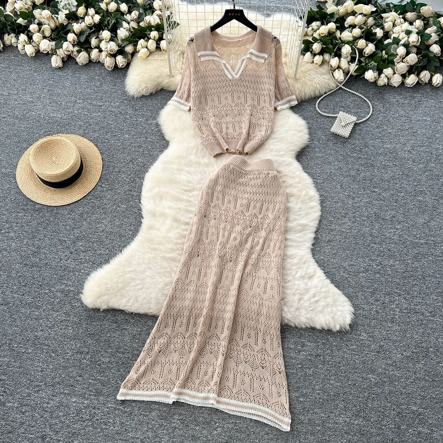 

Летний повседневный костюм, женский модный контрастный цвет, воротник-поло, короткий рукав, полый вязаный топ, юбка с высокой талией