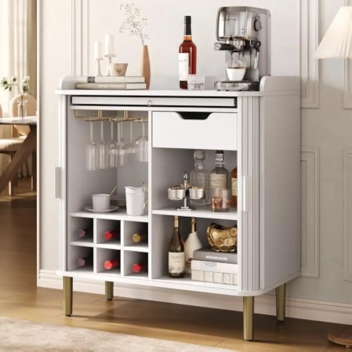 Fluted Bar Cabinet with Ample Storage, 3-Tier Glass Racks, Removable 6-Bottle Wine Rack, Built-in Charging Hub, Mid-Century Modern Design
