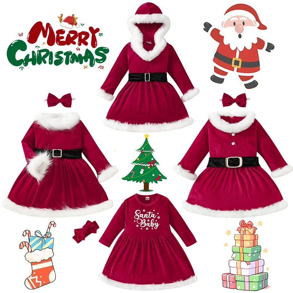 

Платье принцессы для рождественской вечеринки с Санта-Клаусом для малышей, рождественский костюм для девочек, детские красные теплые платья с бантом и длинными рукавами, одежда