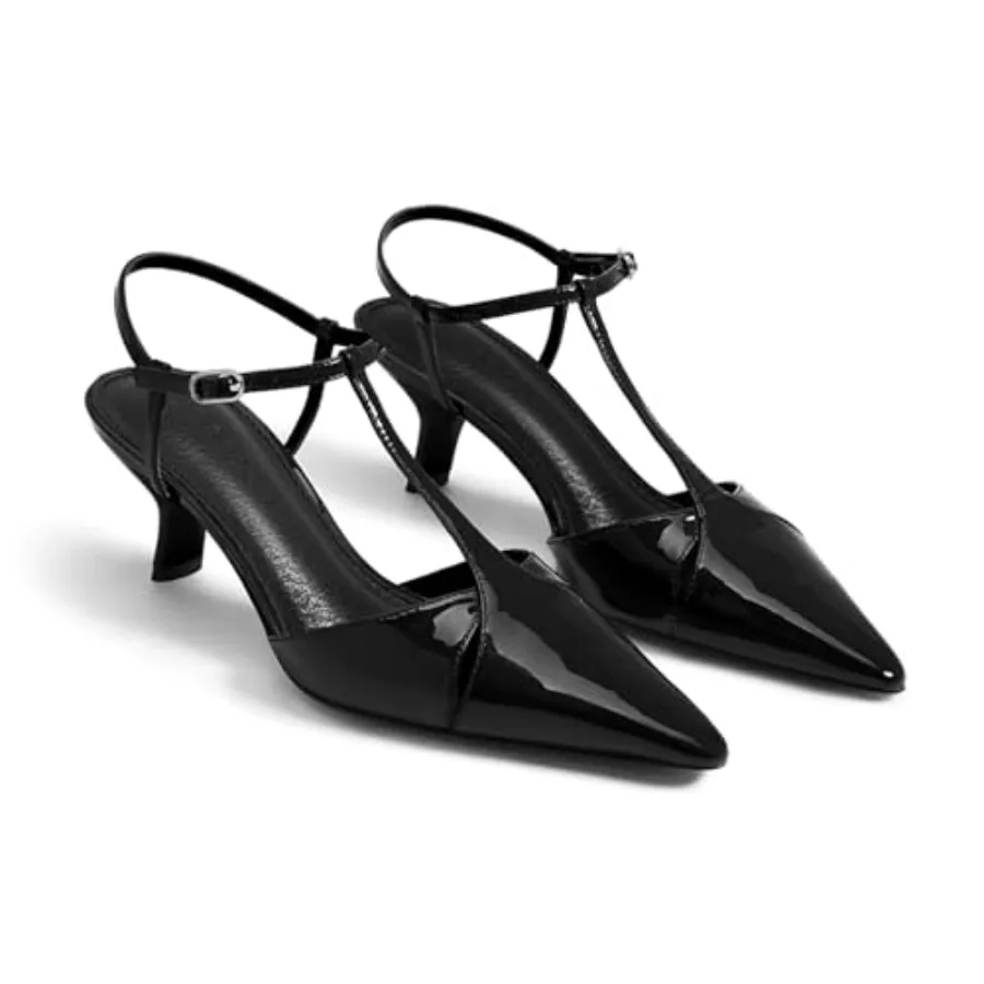 

Coutgo Womens Low Kitten Heels Closed Pointed Toe Cutout T-Strap Pumps Wedding Prom Dress Shoes