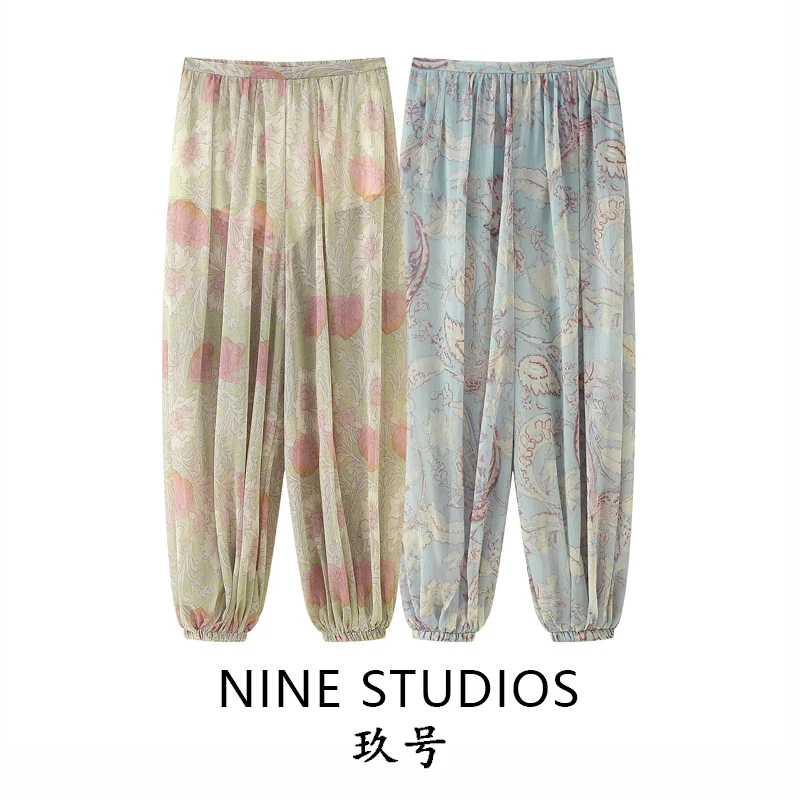 Celana Lentera Berlapis Dalam Renda Cetak Kasual Wanita Pinggang Tinggi Longgar Serat Poliester Tren Mode Musim Semi 2025