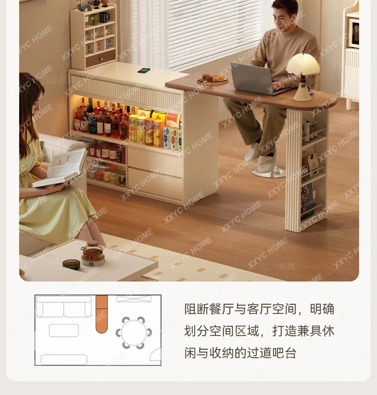 Solid wood sofa, antique large horizontal hall partition in the bar counter, and long table against the cabinet at the backP