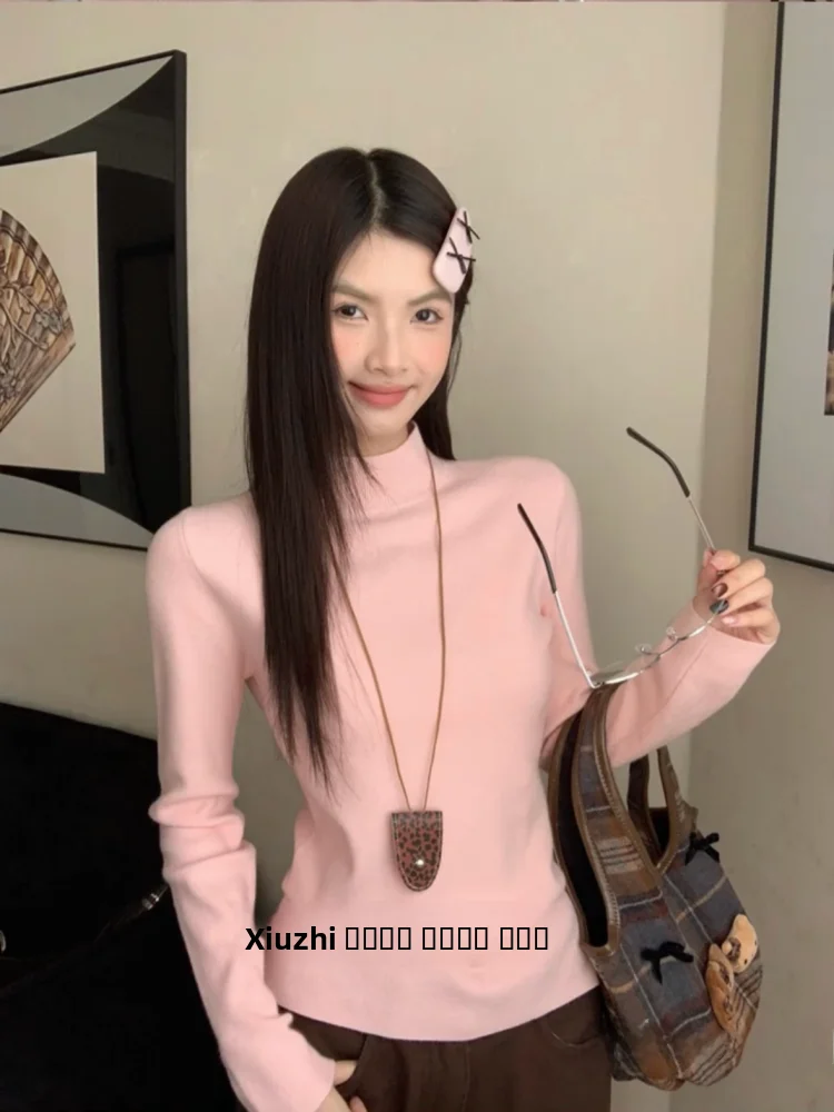 Dopne rosa base de malha irt feminino outono inverno roupa interior exterior f gola alta macio elástico casual sle camisola