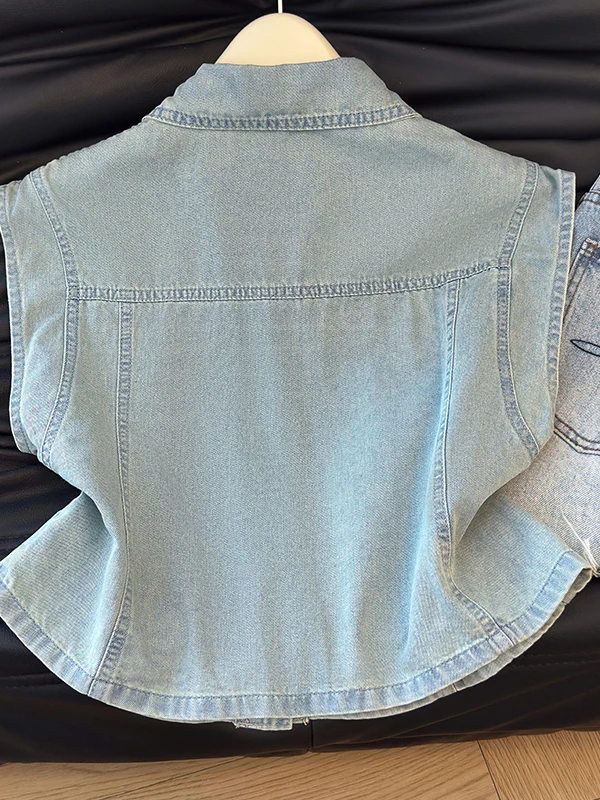 Korean Style Light Blue Flip Collar Fly Sleeve Denim Vest Women Summer New Model Stitching Decoration Single Button Versatile...