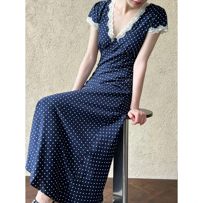 

French Lace Splicing Dress Summer V-neck Temperament Polka Dot Waist Slim Long Skirt Fashionable and Comfortable Elegance Fresh