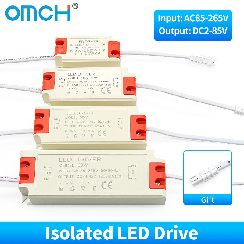 

OMCH LED Driver Isolated External Power Supply High Power 1-60W 200-1800mA 85-265V Lighting Transformer For Lamp Power Supply