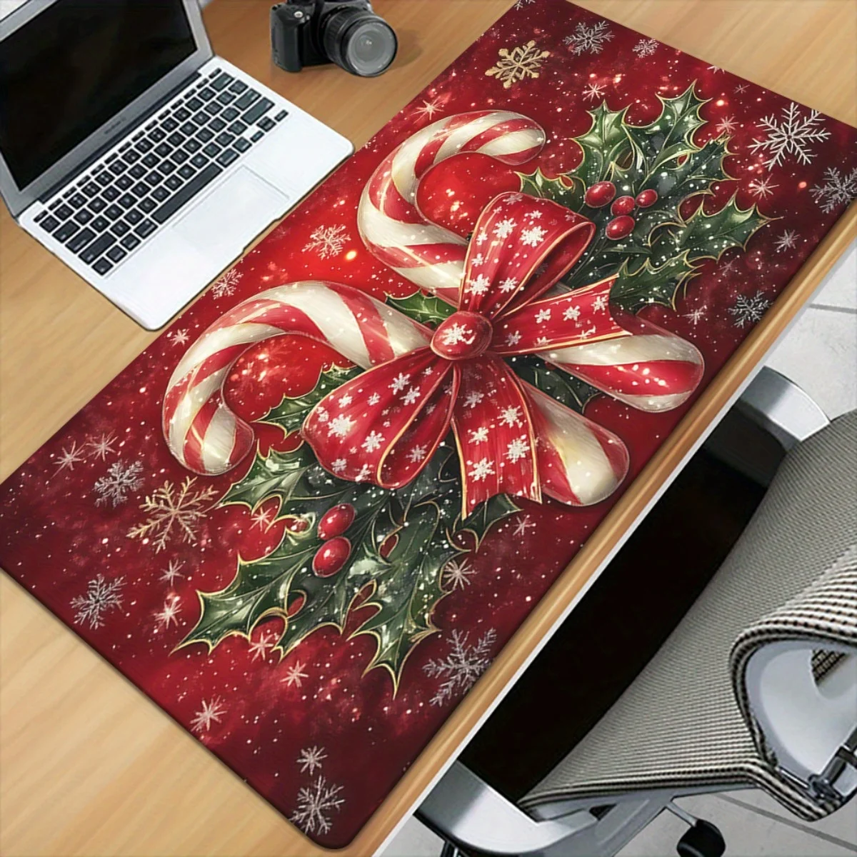 1 tappetino per mouse natalizio con bastoncini di zucchero con strisce rosse e bianche, design con bacche di agrifoglio e fiocchi di neve - Base in gomma antiscivolo per giochi e