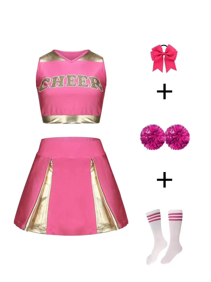 Boutique in-stock premium girls' 5-piece cheerleader outfit sleeveless top skirt bow pom-poms and socks wholesale