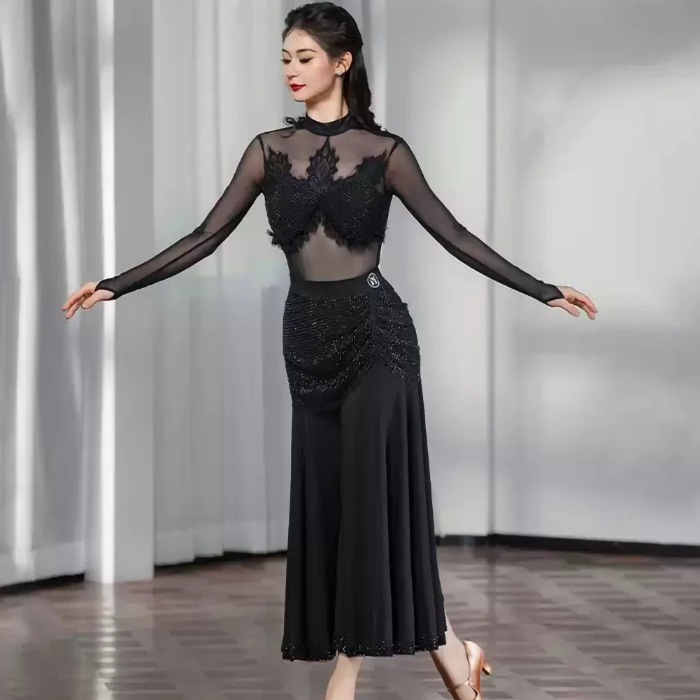 Vestido de competición estándar de manga larga, camisa, práctica de baile de salón, malla, escenario, vals negro, vestido de media longitud para salón de baile