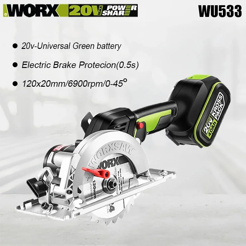 Worx WU533 Беспроводная циркулярная пила, перезаряжаемая, бесщеточная, 6900 об/мин, 120x20 мм, глубина 41/30 мм, 45/90 градусов, универсальная, 20 В, зеленая батарея