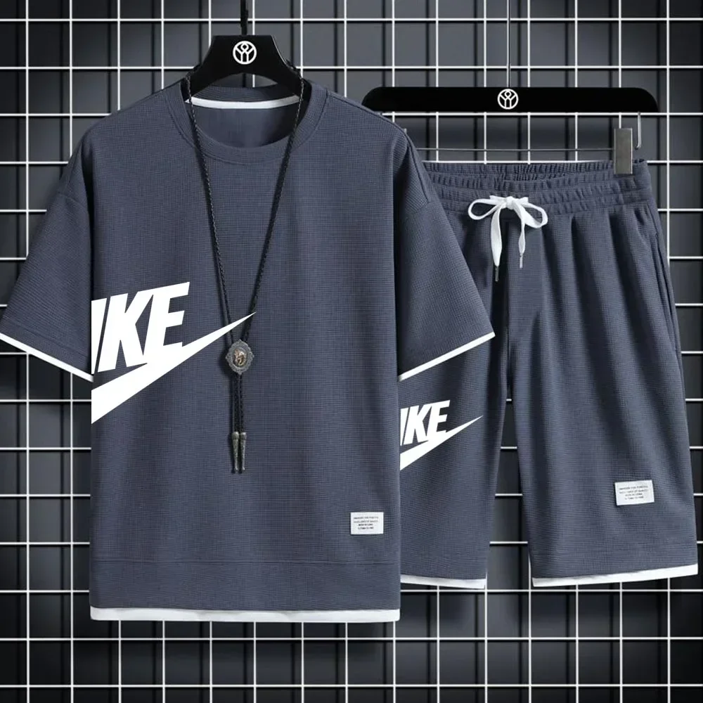 2025 Men's casual two-piece tracksuit Short sleeve and pants Summer Sports Fitness Jogging men's waffle suit fake two pieces