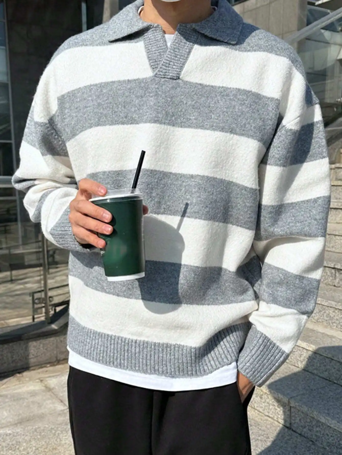 

Men's Striped Knit Pullover Sweater with Collar, Casual Fall Style