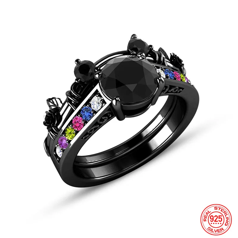 925 Sterling Silver Black Rings For Women Fashion Wedding Party Jewelry