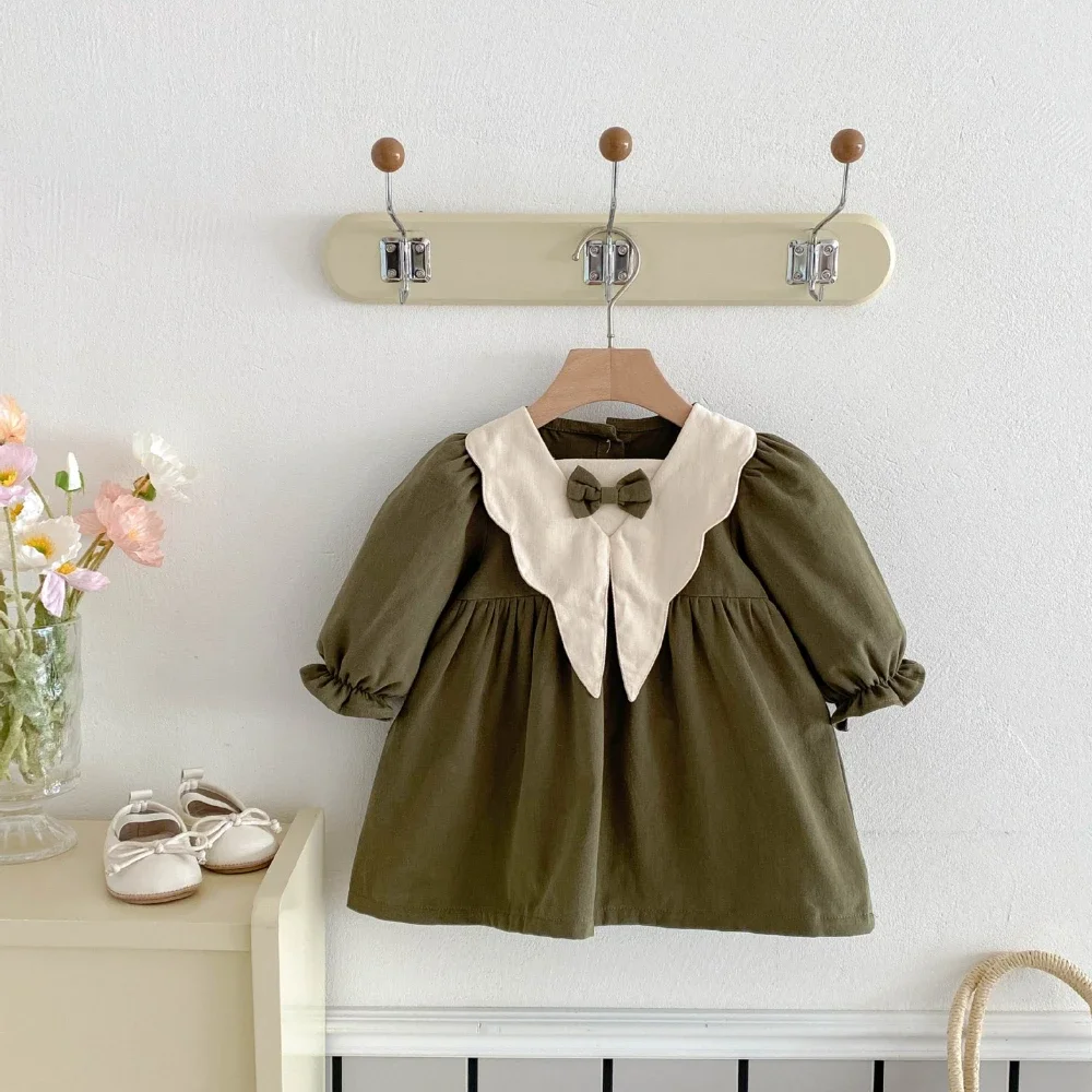 

Fashion Retro Baby Girls Dresses Spring and Autumn New with Bow Decoration Sweet Lapel Long Sleeved Dress Children's Clothes