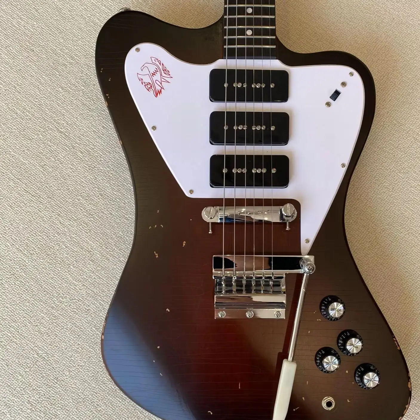Vintage Retro Solid Body Electric Guitar, Dark Brown Aged Finish, White Triangle Pickguard with Eagle Graphic