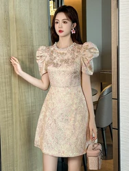 Fashion Sweet Short Dress Women Clothes Elegant Luxury Pearl O-Neck Slim Mini Gown Female Party Birthday Banquet Vestidos Fiesta