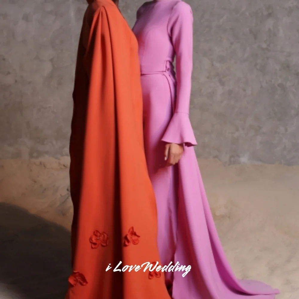 핑크 긴 소매 이브닝 드레스 2025 높은 목 오픈 다시 크리스탈 바닥 길이 스윕 기차 웨딩 파티 드레스 사용자 정의