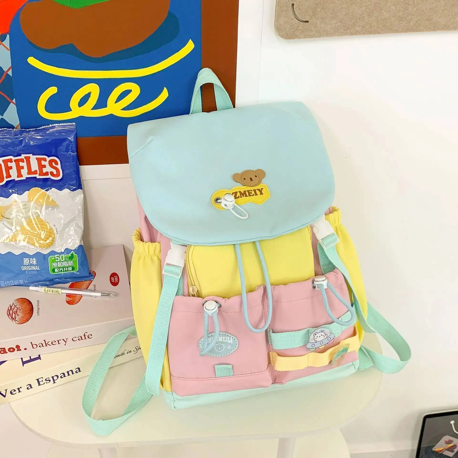 حقيبة ظهر مدرسية لطيفة من الدوبامين عالية القيمة للفتيات في المدرسة المتوسطة والثانوية، كتلة ألوان كبيرة