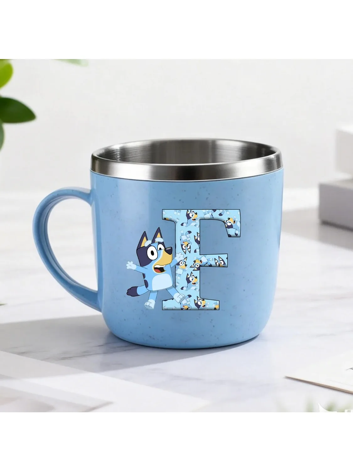 Bouteille d'eau en acier inoxydable 304 Blueyes, nouvelle, pour garçons et filles, avec lettres de dessin animé, gobelets à brosse à dents, simple, kawaii, anime, bleu, cadeau