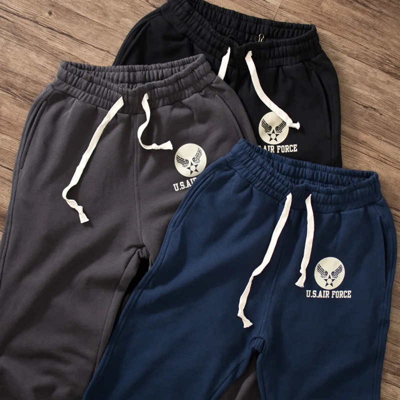 Spring American Retro Military Heavyweight Knitted Sweatpants Men's Fashion Pure Cotton Washed Fleece Loose Casual Sports Pants