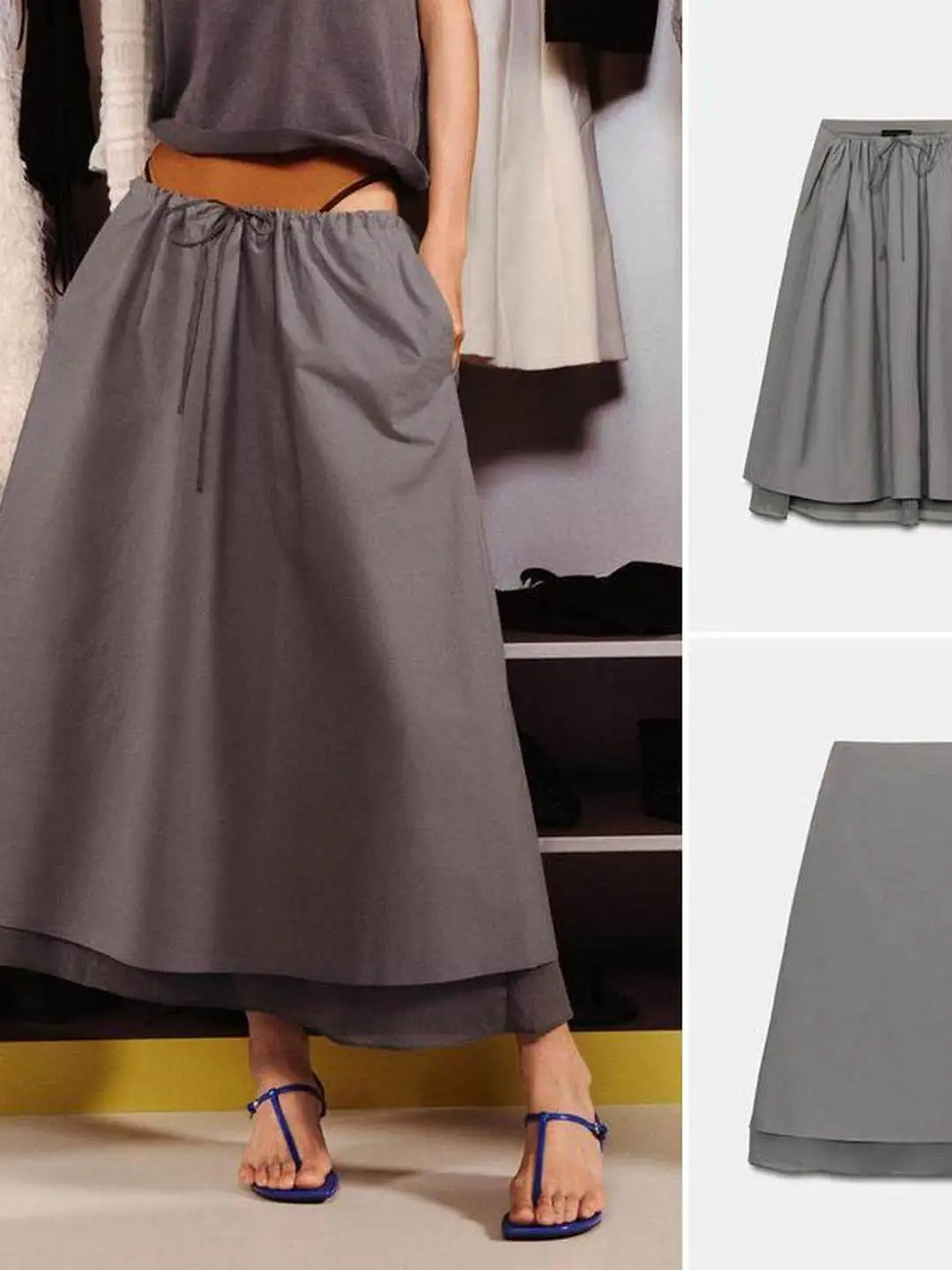 Casual Midi Skirt mid Waist Patchwork Decorative Overlap Summer Breeze Simple Fashion Layered A-Line Skirt for Women