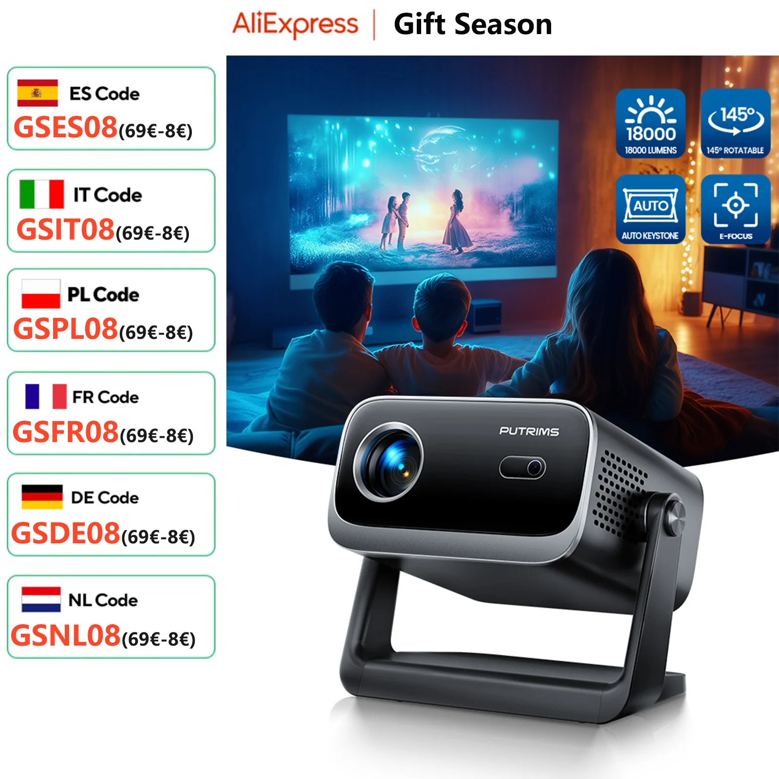 145°Adjustable Stand Mini Projector With WiFi And Bluetooth 1080P Support 18000L Portable Projector Electric Focus Auto Keystone