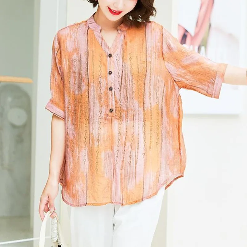 Simplicity Summer Women's Standing Neck Diamonds with Shiny Silk Buttons Fashion Versatile Casual Loose 3/4 Sleeve Shirt Tops