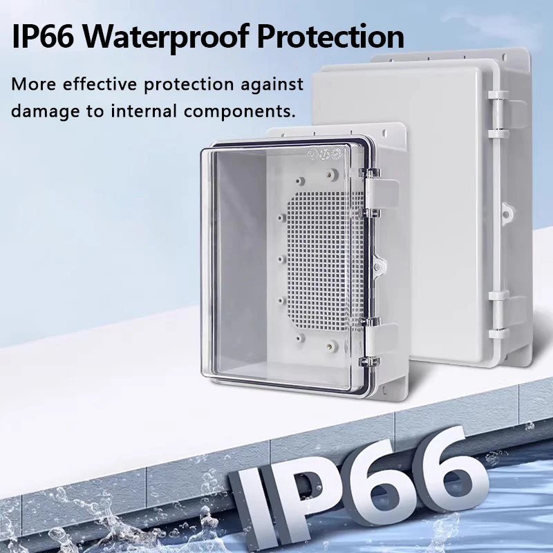 Imagen 3: Caja de Distribución Electrónica para Exteriores con Cubierta Impermeable IP66 Gris/Transparente, con Orejetas y Bisagras de ABS