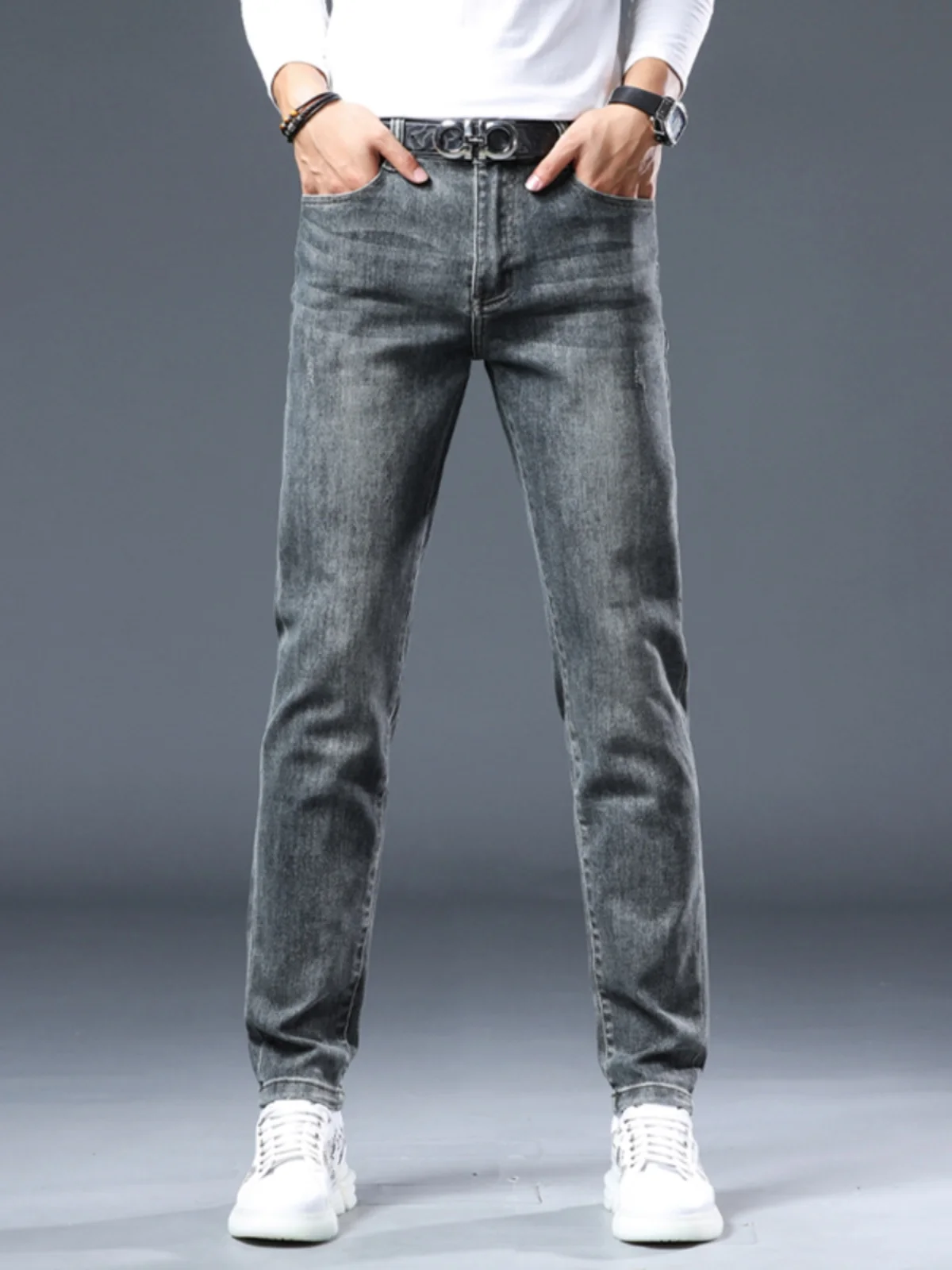 

Мужские джинсы из денима с ретро-принтом в гонконгском стиле, облегающие, осенние, модные, с высокой талией, из хлопка, эластичные, износостойкие, прямого кроя