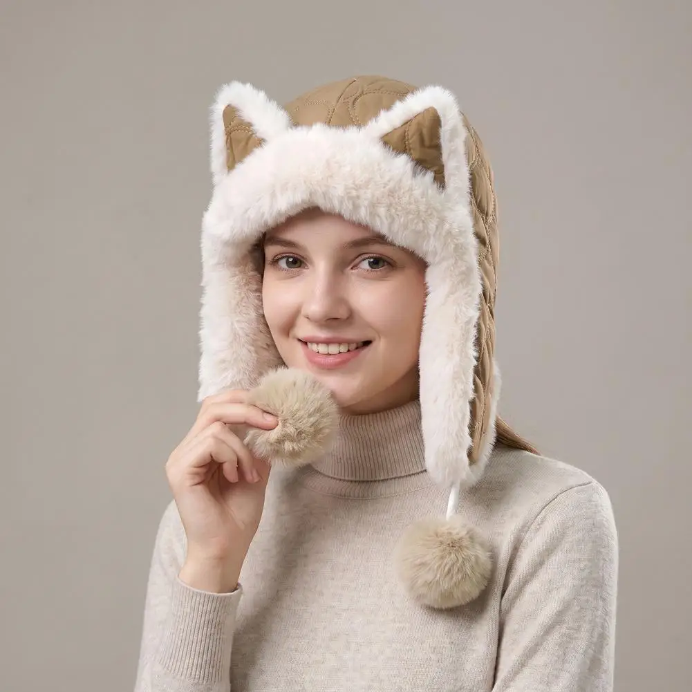 Cute Fox Ear Hat with Pom Poms Women’s Fleece Lined Trapper Hat with Fox Ears Warm Windproof Winter Headwear Cute for Outdoor