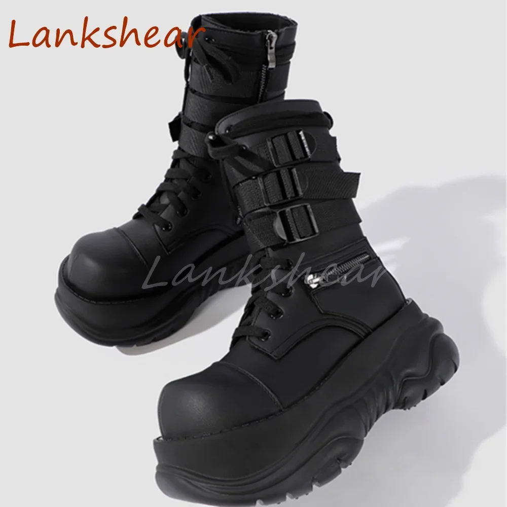 

Женские ботинки с перекрестной завязкой и пряжкой на ремне, модная осенняя женская обувь до середины икры на толстой подошве, увеличивающая рост, женская обувь в стиле панк, ретро, новые поступления