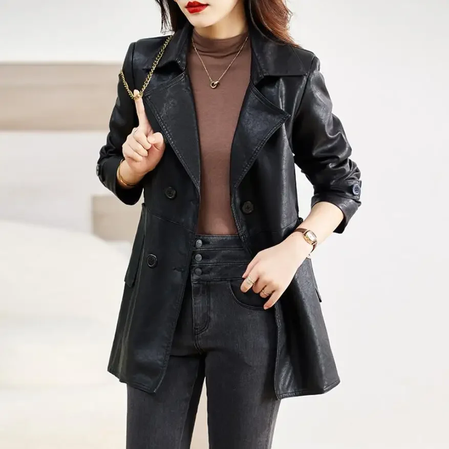 Turn-down Collar Genuine Leather Jacket Women Korean Fashion Slim Sheepskin Coat Black Real Leather jackets ladies Casual Blazer