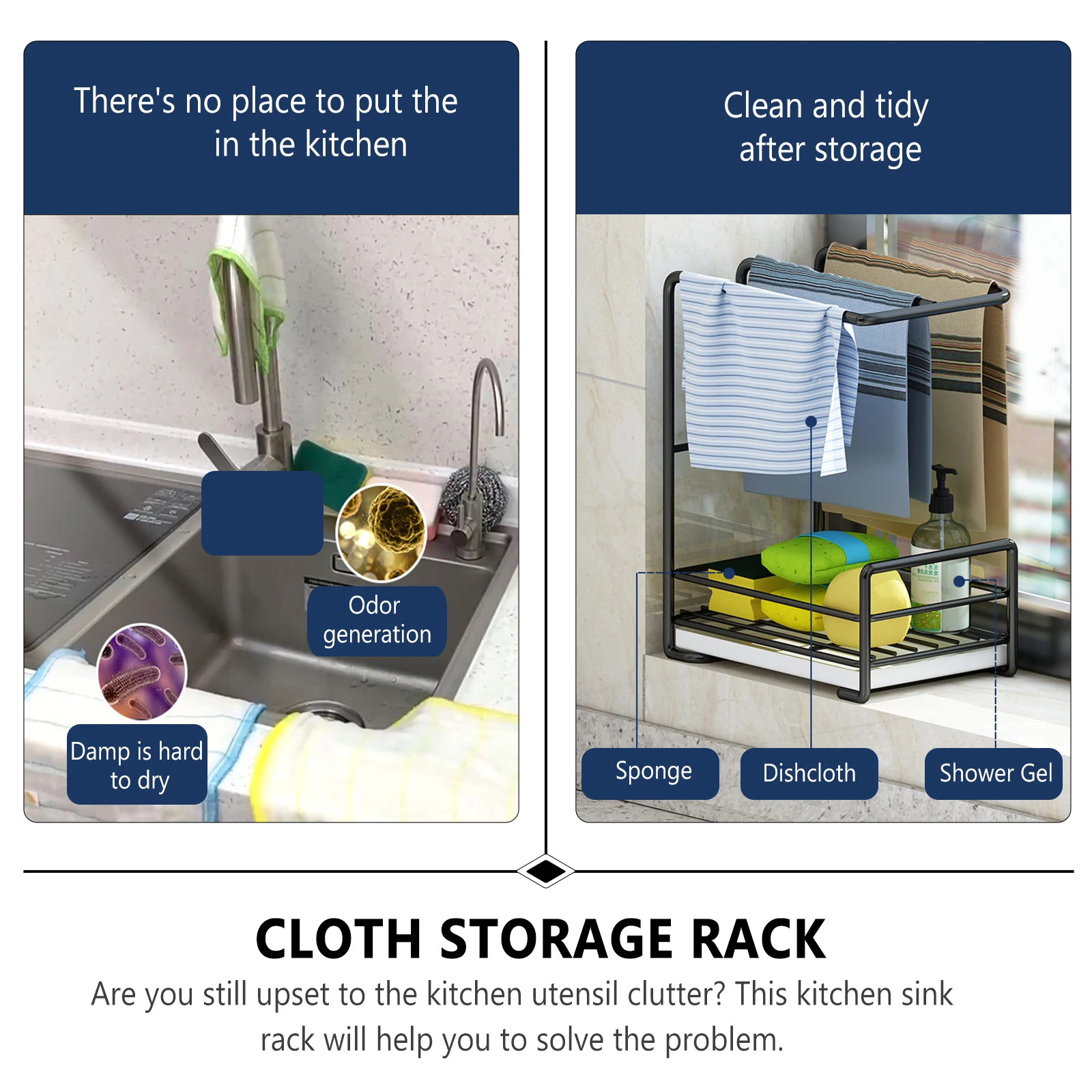 

Creative Kitchen Sponge Storage Rack Modern Cloth Holder Drain Tray Metal Shelving Wall Mounted Suitable Hotel