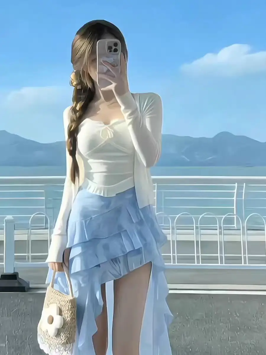 

Sexy Pure Desire Knot Strap Vest Women's Long Sleeve Open Cardigan Outerwear Two-Piece Set Sweet Spicy Girl Style S...