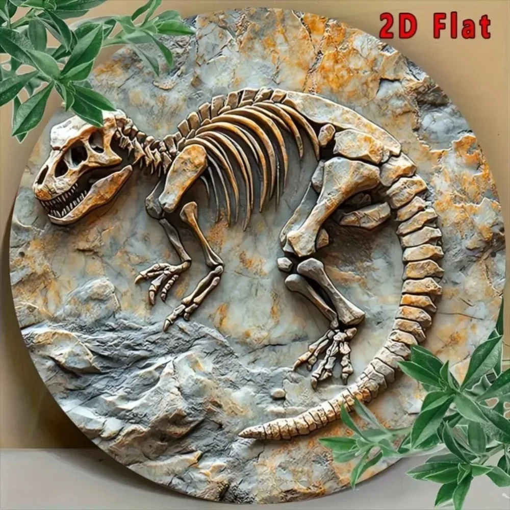 2D Flat Dinosaur Fossil Skeleton Round Metal Tin Sign - Prehistoric Jurassic Themed Wall Decor, Rustic Paleontology Art for Kids