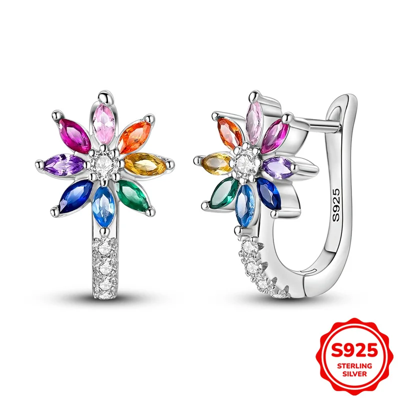 

100% 925 Sterling Silver Earrings Women Hope Rainbow Flower French Ear Buckles Hoop Earring For Anniversary Wedding Jewelry Gift