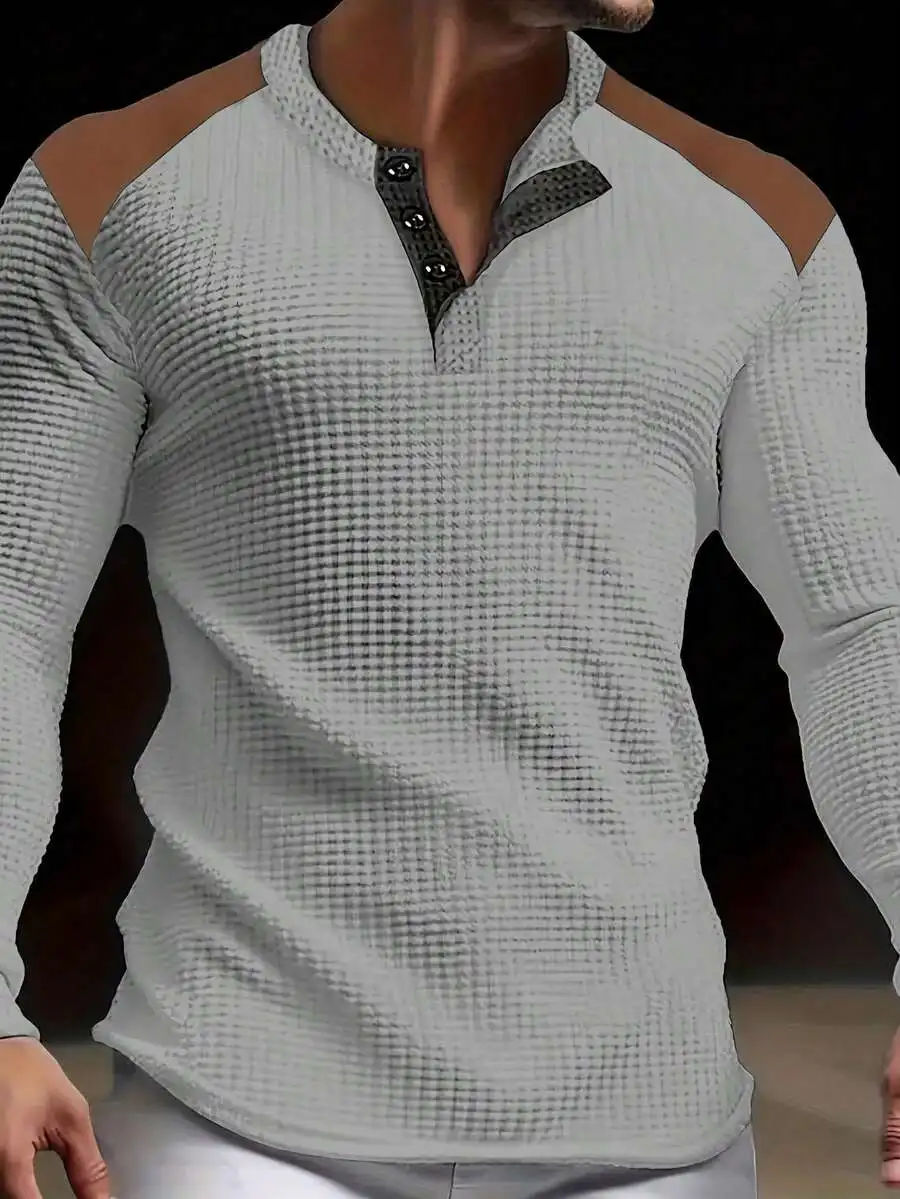 Men's Long Sleeve Waffle Knit Henley Top with Contrast Shoulder Panels