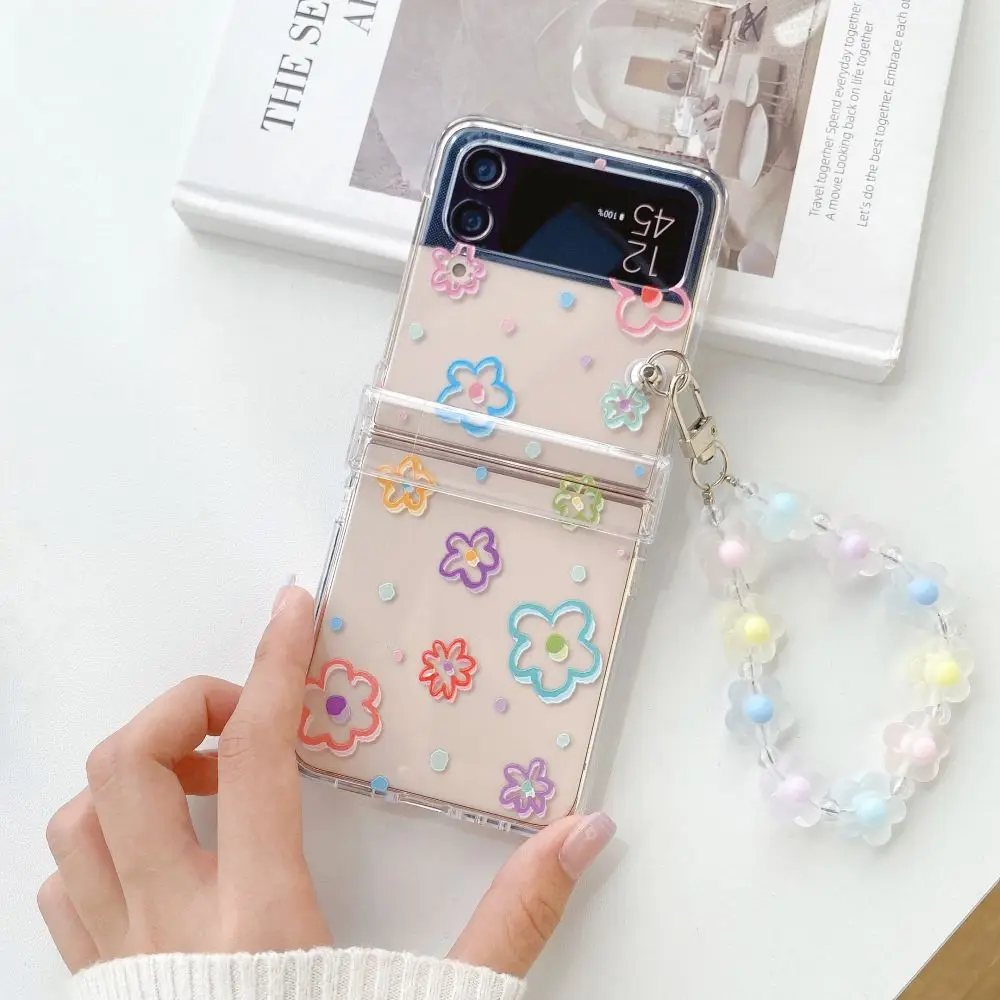 For Samsung Z Flip 6 5 4 3 Case Small Floral Transparent Folding Phone Case with Bracelet For ZFlip4 Shockproof Hard Back cover