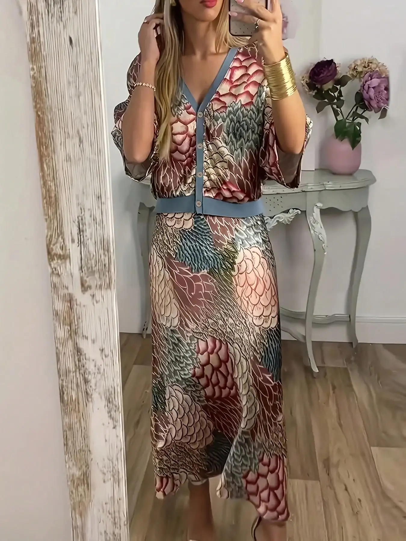 

Женский комплект: топ на пуговицах с цветочным принтом в стиле бохо и юбка миди с эффектом «рыбий хвост», повседневный элегантный наряд